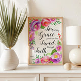 floral print highlighting the comforting message from Ephesians 2:8. Stylish pink Bible verse artwork with blossoms surrounding a message of faith and grace.