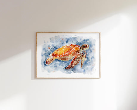 Turtle underwater with gentle brushstrokes in aquatic hues.