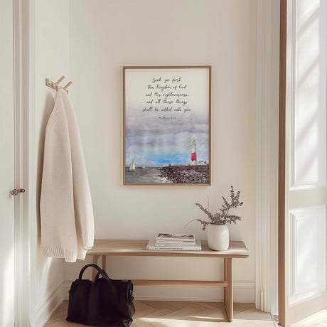Peaceful harbour and lighthouse print with Seek Ye First Bible verse. Watercolour Bible verse wall art, Seek Ye First, lighthouse and harbour design