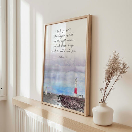 Seek Ye First print featuring lighthouse and harbour with inspirational scripture