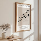 Christian wall print featuring the Serenity Prayer with elegant bird design and neutral tones