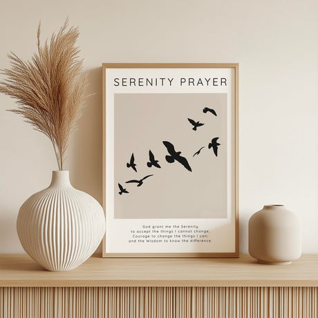 Tranquil wall art print with the Serenity Prayer and birds in flight on a soft beige backdrop
