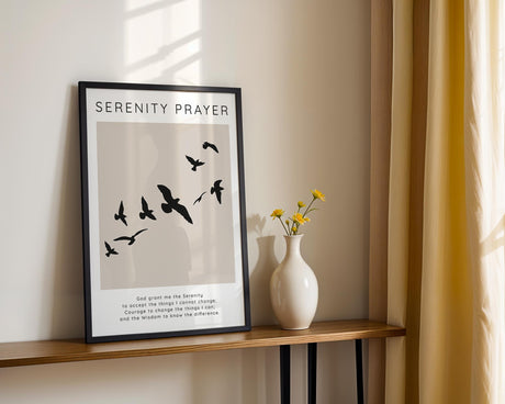 Inspirational Christian print with the Serenity Prayer, beige tones, and graceful bird motif