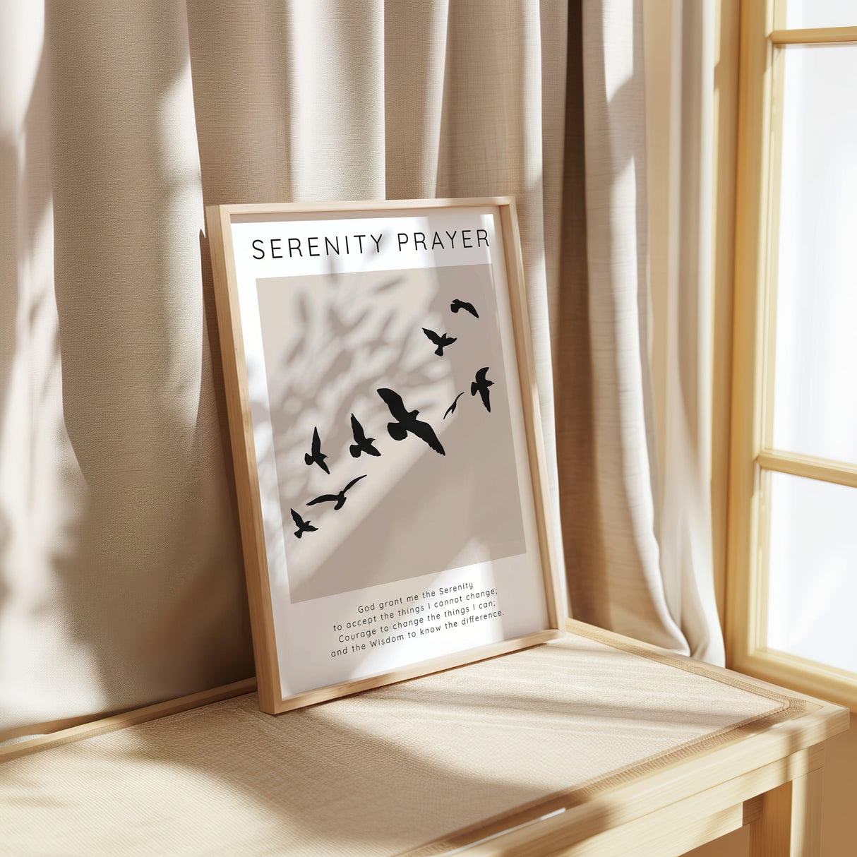 Serenity Prayer wall art print with flying birds and beige background for peaceful Christian home decor

