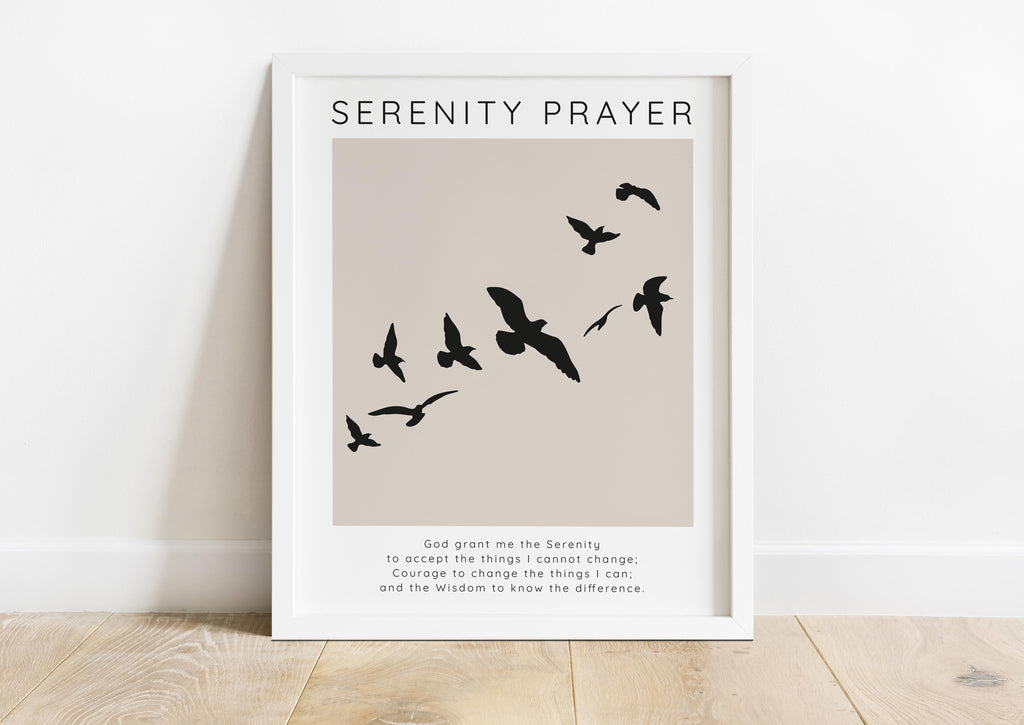 Elegant Beige Serenity Quote Art, Serenity Prayer Birds Print, Tranquil Serenity Prayer Wall Decor, sobriety gift for men