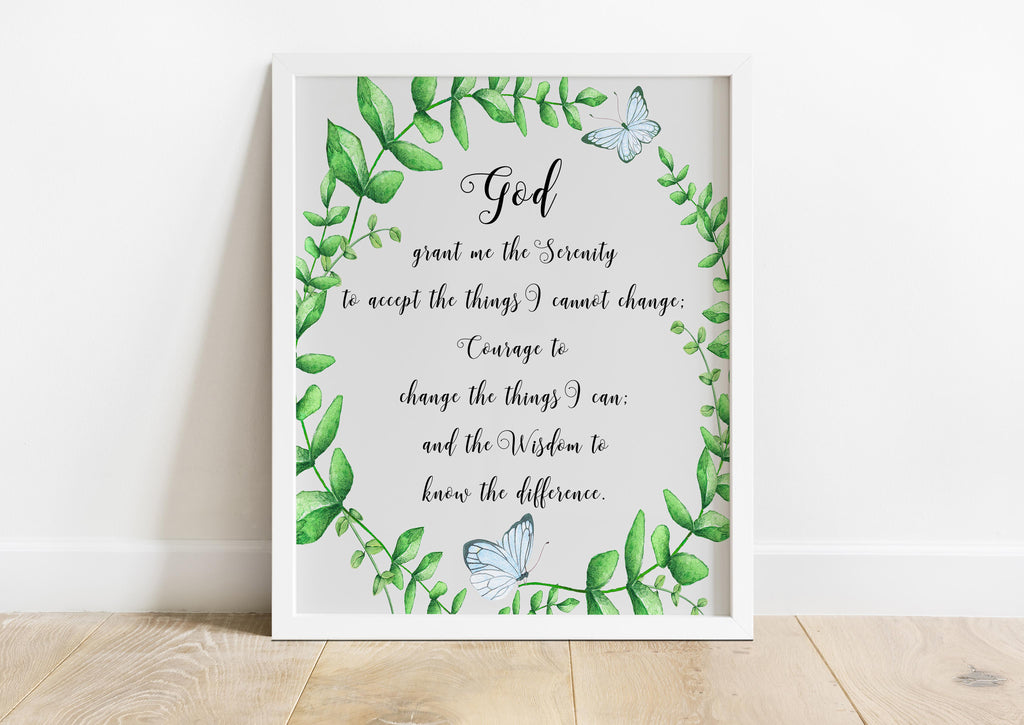 Serenity Prayer Quote in Leafy Frame, Tranquil Serenity Prayer Wall Hanging, Butterfly and Leaf Serenity Prayer Poster