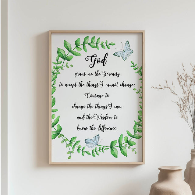 Serenity Prayer print with green leaf wreath and blue butterfly symbolising peace and faith.