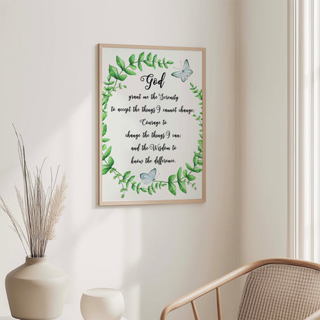 Faith based home decor featuring calming Serenity Prayer and elegant botanical accents.