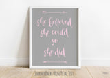 Empowering "She Believed She Could, So She Did" art print, Customizable colors for "She Believed She Could, So She Did" print