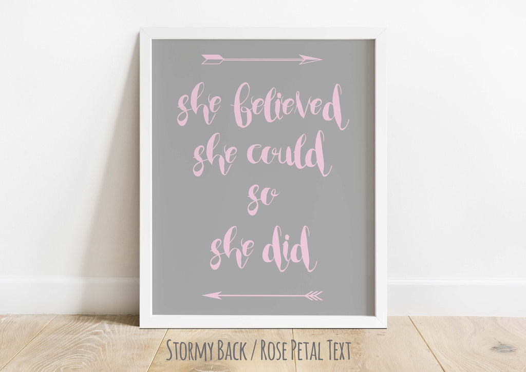 Empowering "She Believed She Could, So She Did" art print, Customizable colors for "She Believed She Could, So She Did" print