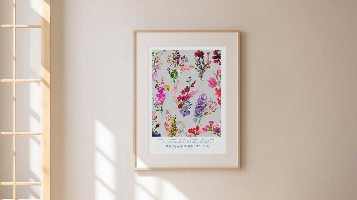 Encouraging Bible verse with floral motif, Floral quote art for women's strength, Inspirational laughter Bible verse print