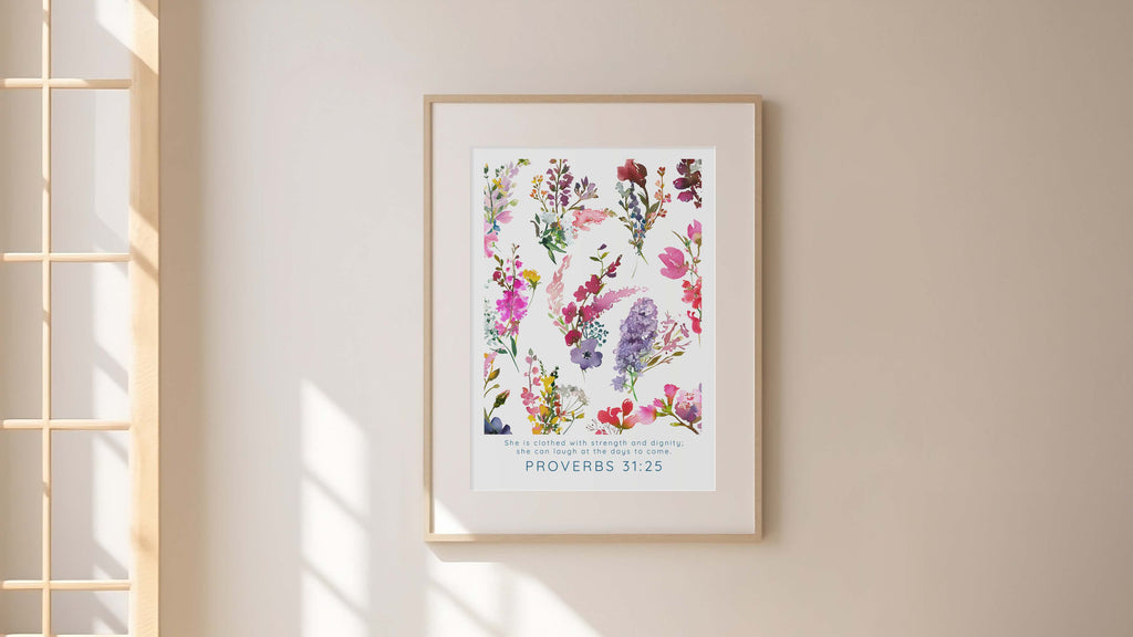 Botanical theme Proverbs 31 25 print, Christian wall art with floral details, Elegant floral scripture verse decor