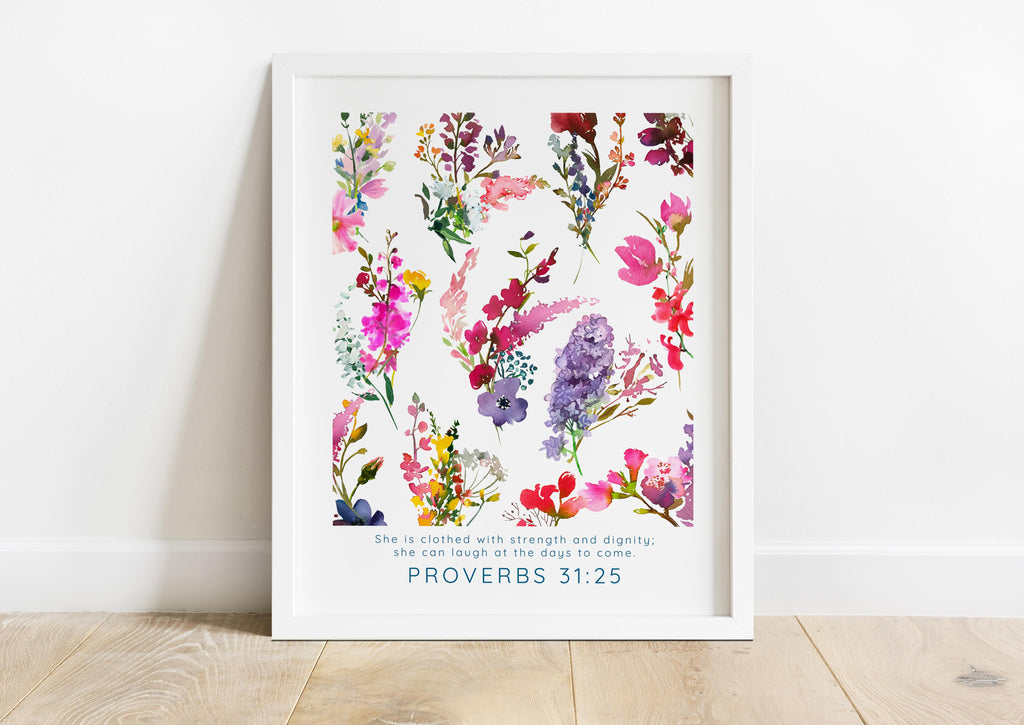 Proverbs 31:25 wall art with flowers, Floral scripture art for strength and dignity, Christian wall decor with laughter and faith