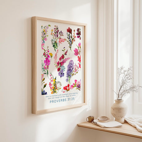 Inspirational women's Bible verse print with soft floral artwork and empowering scripture from Proverbs 31.