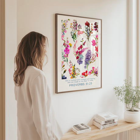 Uplifting Christian decor print with flowers and the verse “She can laugh at the days to come.”