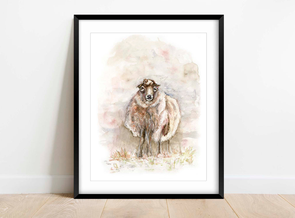 Handmade rustic sheep painting for home accents, Timeless country-inspired sheep print for walls, Watercolor sheep art