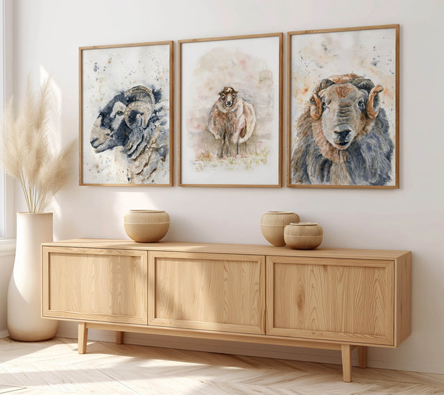 Trio of sheep art prints capturing the charm of rural life with gentle tones and countryside appeal.