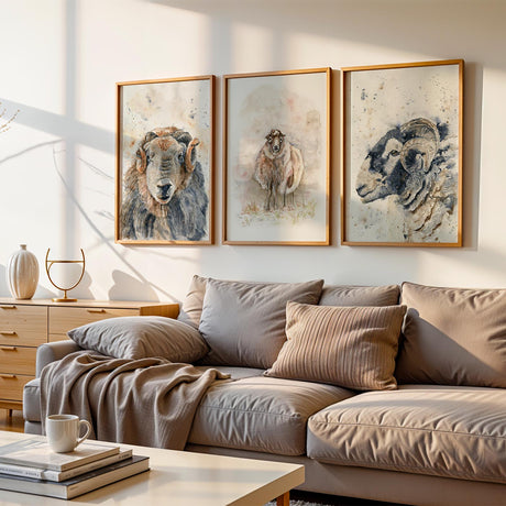 Watercolour Herdwick sheep triptych print set, ideal for a cosy gallery wall in a country-style home.