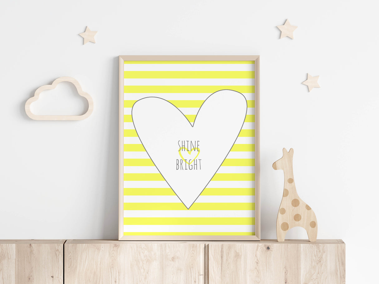 "Shine Bright" nursery art print with heart shape, Heart-shaped nursery wall decor with inspiring quote