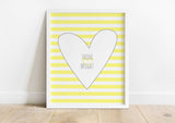 Yellow striped nursery wall art with heartfelt message, Whimsical heart design nursery print with positive quote