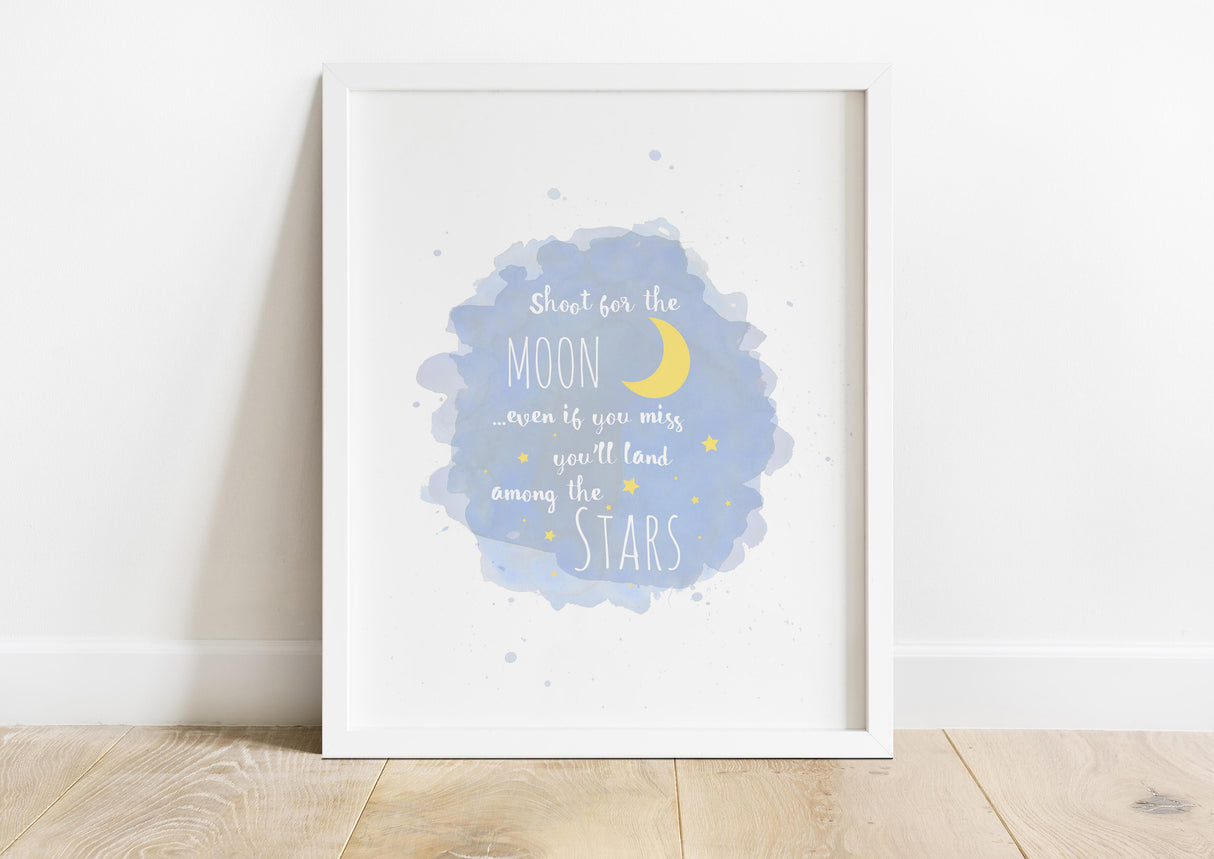 Blue watercolor moon and stars kids room print, Dreamy night sky wall art for kids, Whimsical blue background kids room poster