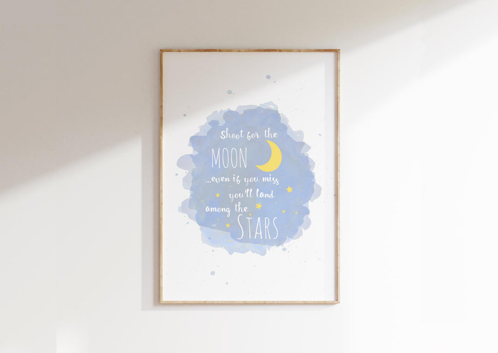 Inspiring moon and stars quote kids print, Nursery decor with 'shoot for the moon' quote, Adorable 'shoot for the moon' kids wall art for 