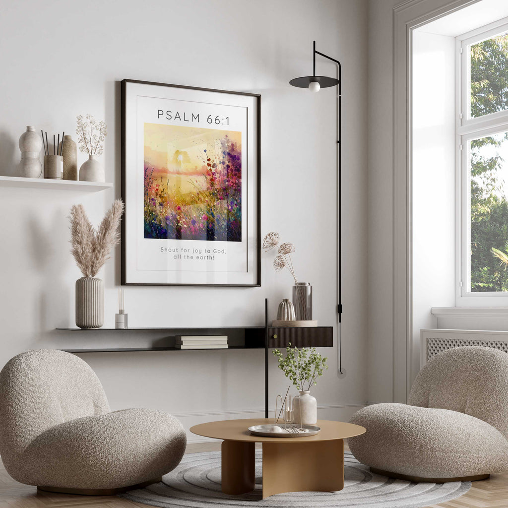 Unique home decor: Psalm 66:1 in a vibrant flower meadow setting, Bible verse print with 'Shout for joy to God' in a serene meadow