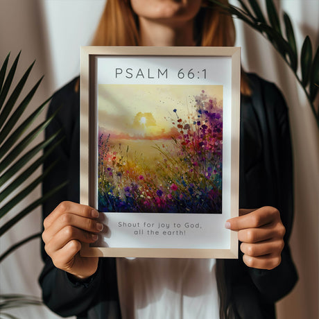 Psalm 66:1 print with colourful floral backdrop, evoking praise and celebration in nature. Inspirational Bible art with the verse “Shout for joy to God” over a radiant countryside scene.