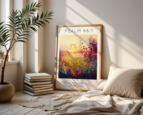 Faith-themed floral print combining joyful Scripture and a serene wildflower landscape. Uplifting Bible verse wall art featuring a meadow of flowers and a call to praise from Psalm 66.
