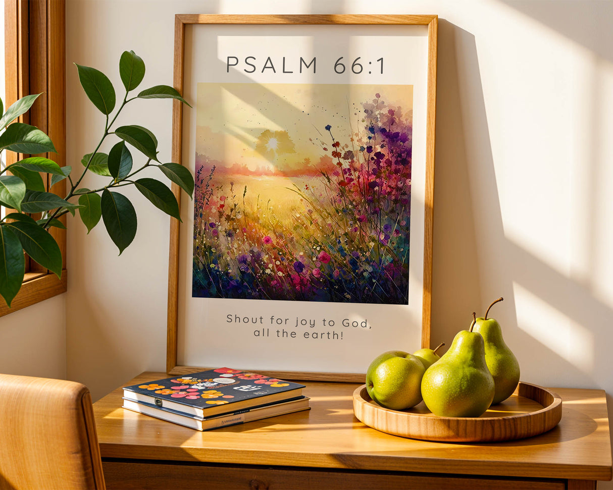 Bible verse print featuring Psalm 66:1, “Shout for joy to God, all the earth!” set in a vibrant flower meadow. Christian wall art with joyful Scripture and a peaceful meadow full of blooming flowers.