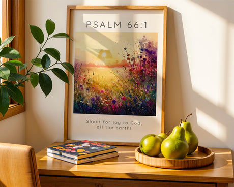Bible verse print featuring Psalm 66:1, “Shout for joy to God, all the earth!” set in a vibrant flower meadow. Christian wall art with joyful Scripture and a peaceful meadow full of blooming flowers.