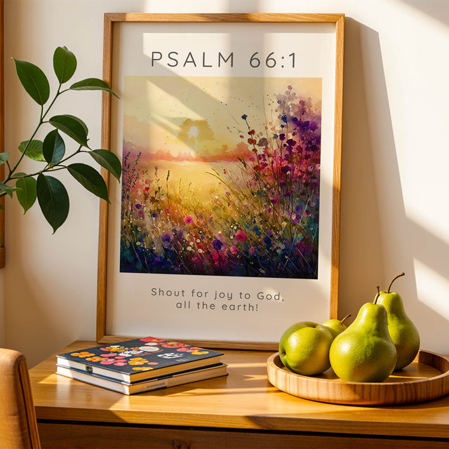 Bible verse print featuring Psalm 66:1, “Shout for joy to God, all the earth!” set in a vibrant flower meadow. Christian wall art with joyful Scripture and a peaceful meadow full of blooming flowers.