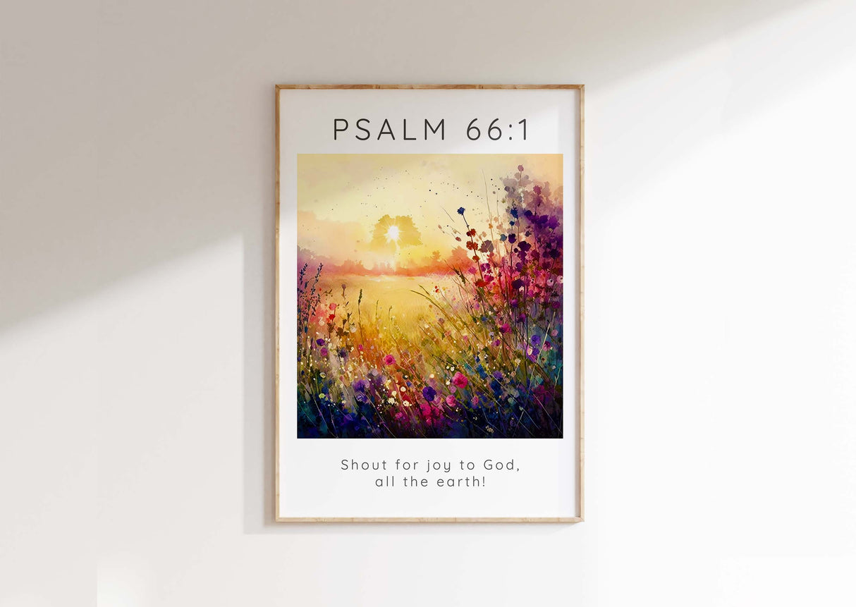 Shout for Joy Bible Verse Print Psalm 66 1 Meadow Scripture Wall Art, Joyful meadow Psalm 66:1 Bible verse print for home decor