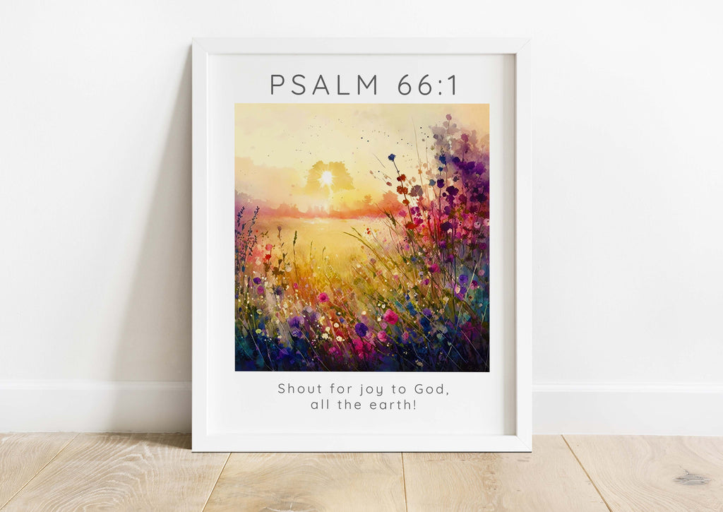 Nature-inspired wall art with 'Shout for joy to God, all the earth!', Radiant flower meadow canvas featuring Psalm 66:1