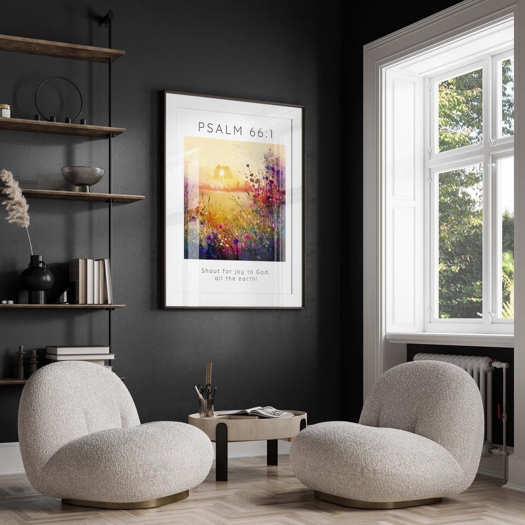 Floral print with Psalm 66:1 – a visual celebration of joy, Transform your space with a meadow-inspired Bible verse wall art
