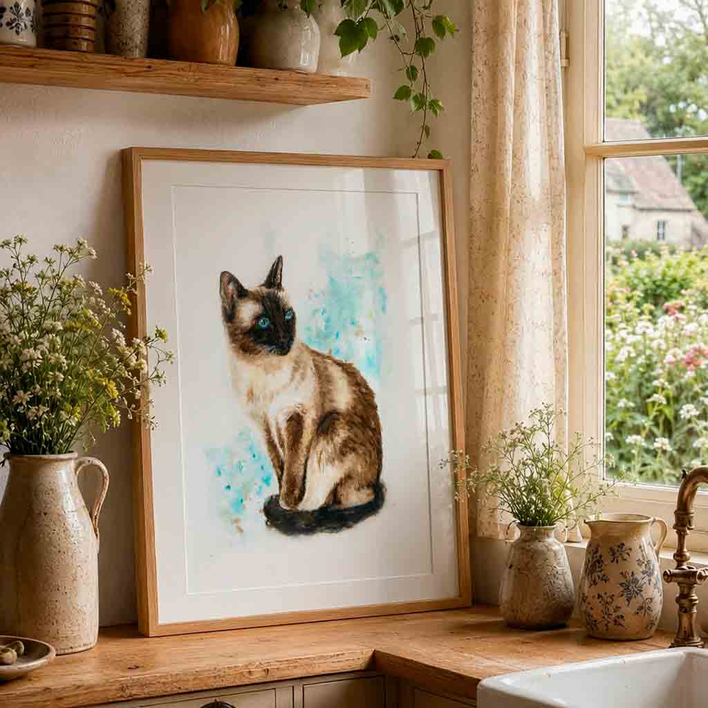 Distinctive Siamese cat wall art for sophisticated spaces, Vibrant Siamese cat print with piercing blue eyes, watercolour cat art for home