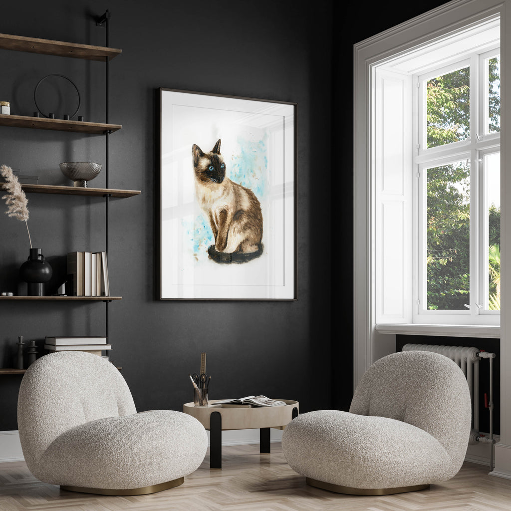 Distinctive Siamese cat wall art for sophisticated spaces, Vibrant Siamese cat print with piercing blue eyes, watercolour cat art for home