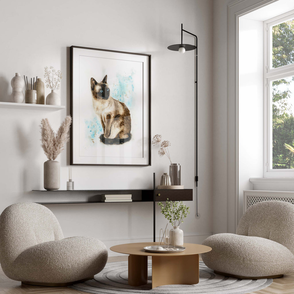 High-resolution Siamese cat painting on archival paper, Charming watercolour Siamese cat print for bedroom ambiance