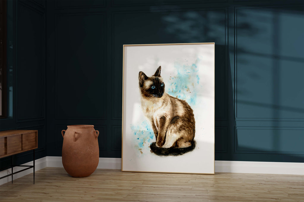 Unique handpainted Siamese cat art for cat lovers, Elegant watercolour Siamese cat painting on archival paper, Siamese cat wall art