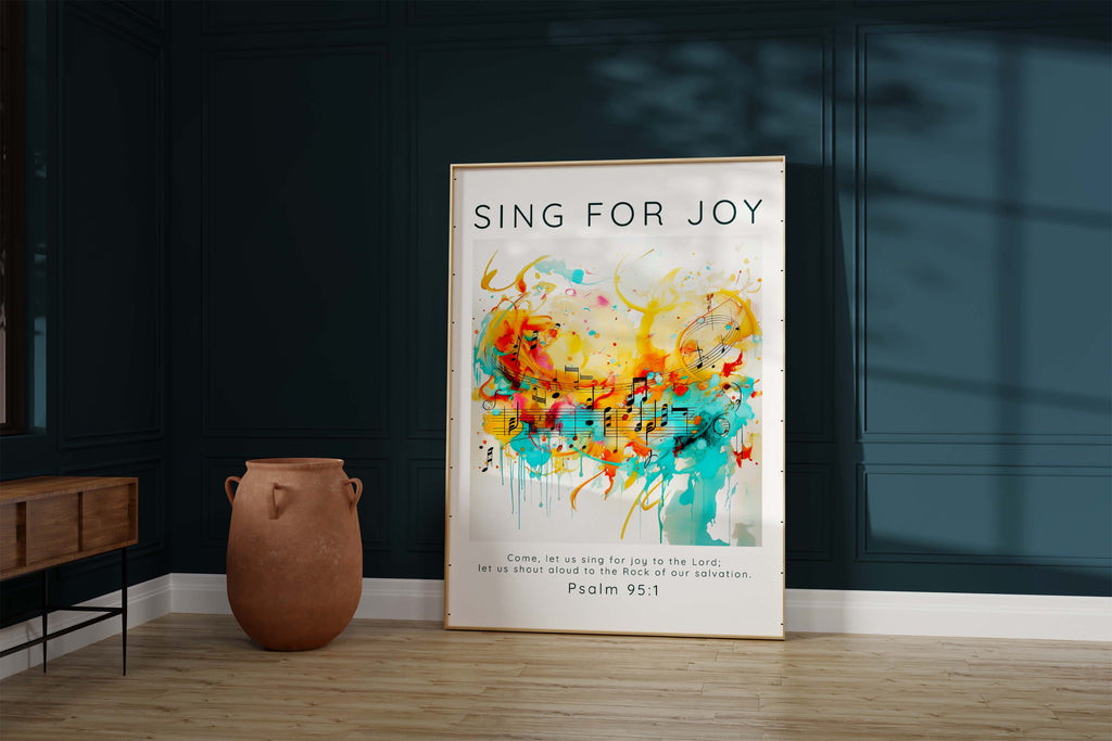 Inspirational Christian art for a joyful living space, Contemporary scripture wall decor with music elements, Christian wall art