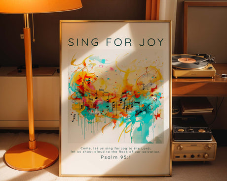 Inspirational music-themed Bible verse print with Psalm 95:1, blending colourful artistic design with a message of joyful worship.