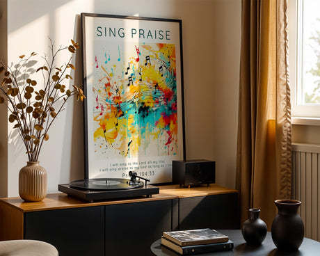 Watercolour music-themed Bible verse wall art featuring Psalm 104:33 with abstract musical elements and a message of lifelong praise.