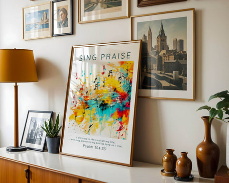 Christian scripture print with the verse "I will sing to the Lord all my life" from Psalm 104:33, styled with musical motifs for worship decor.