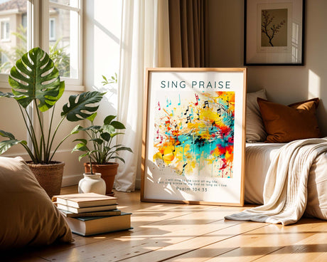 Inspirational wall art with Psalm 104:33, showcasing a musical theme and faith-filled message about singing praise to God for a lifetime.