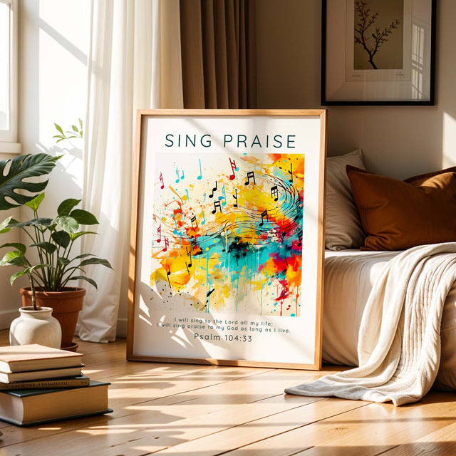 Inspirational wall art with Psalm 104:33, showcasing a musical theme and faith-filled message about singing praise to God for a lifetime.
