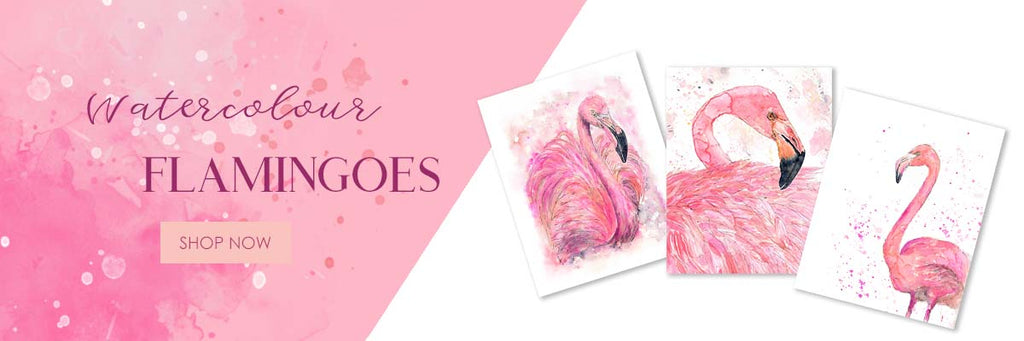 Loose watercolor style pink flamingo prints, featuring vibrant hues and fluid strokes, capturing the grace and charm of these elegant birds.