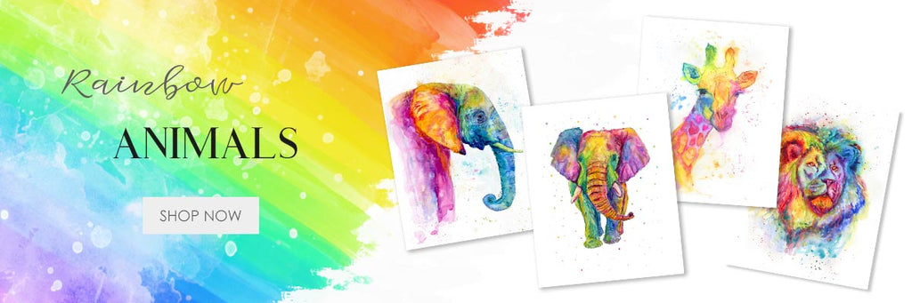 Collection of vibrant watercolor prints featuring whimsical rainbow animals, adding a burst of color and playfulness to your space