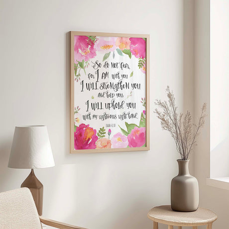 Christian wall art featuring Isaiah 41:10 with delicate pink border for a peaceful and uplifting home.