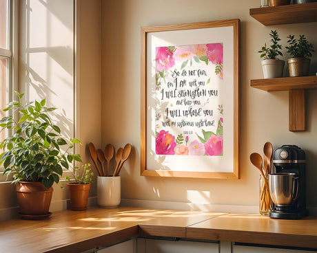 Isaiah 41:10 Bible verse print with pink watercolour border for Christian home decor and daily encouragement.