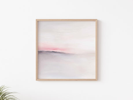 ‘Soft Awakening’ square wall art showing a quiet pink and grey horizon.